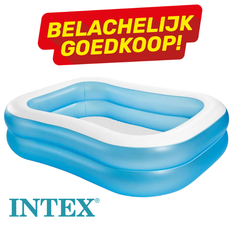Intex inflatable blue rectangular family paddling pool on white background with red sale banner reading "Belachelijk goedkoop!"