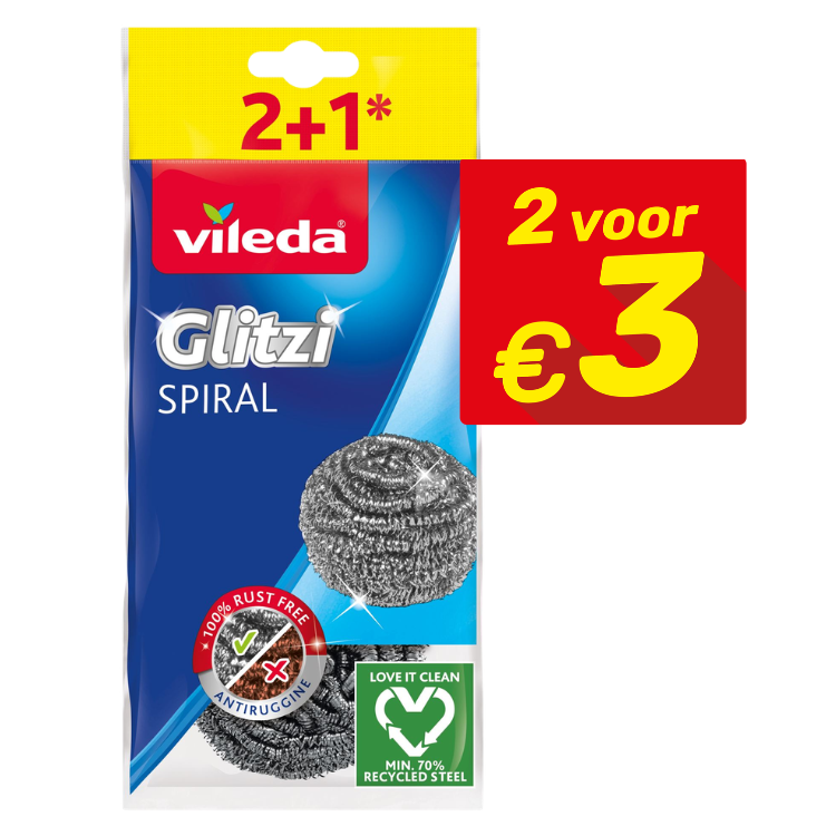 Vileda Glitzi Spiral stainless-steel scouring pads pack (2+1 promo) showing rust-free and recycled-steel labels with 2 for €3 price tag