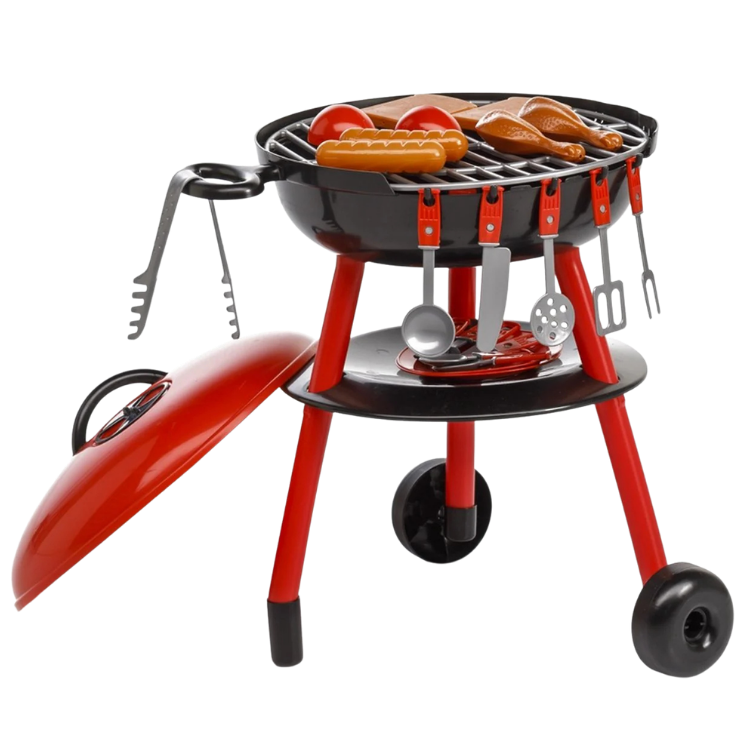 Red and black toy barbecue grill on wheels with play sausages, chicken pieces, tomatoes and hanging utensils
