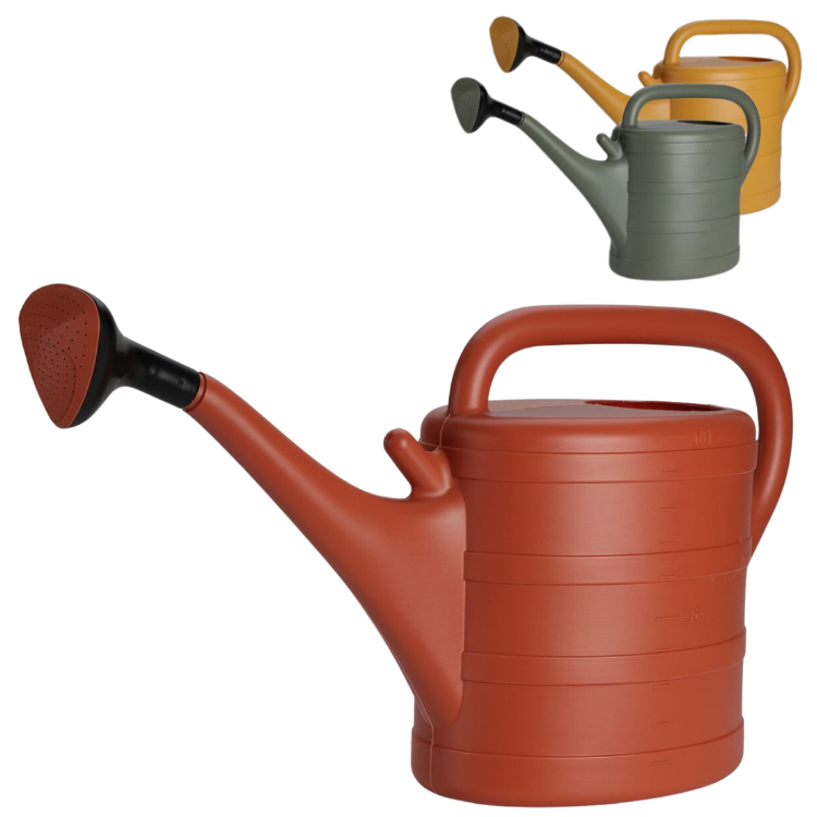 Terracotta plastic watering can with long spout and detachable rose, shown with green and yellow colour variants in top-right corner
