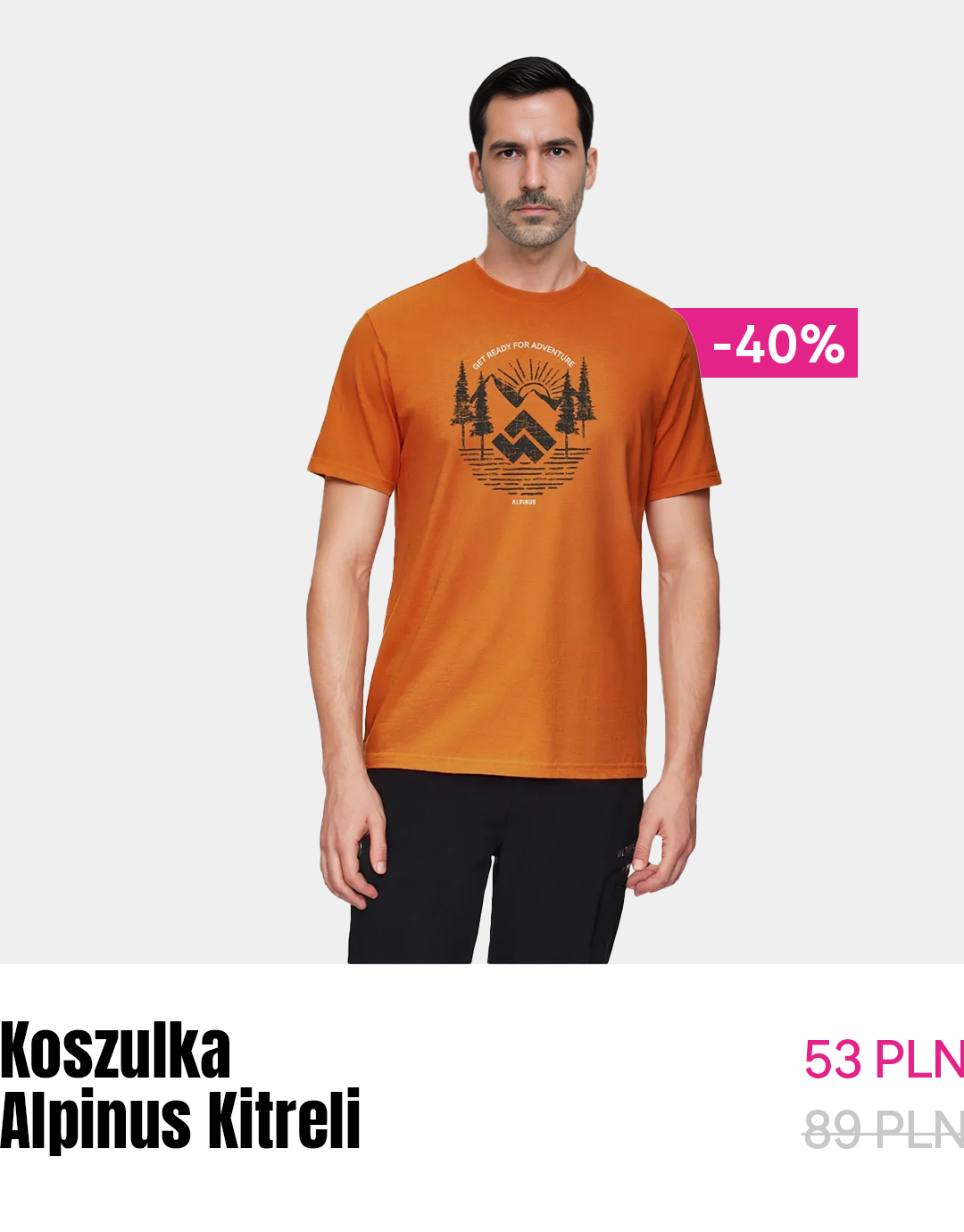 Male model wearing orange Alpinus Kitreli T-shirt with black mountain and tree graphic and visible 40% off badge