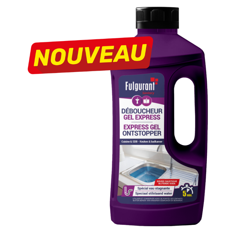 Purple Fulgurant Express Gel drain unblocker bottle for kitchen and bathroom, heavy-duty 5-minute action, labelled 'NOUVEAU'