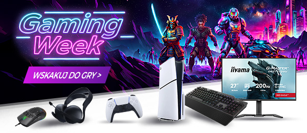 Baner Gaming Week: neonowy motyw, postacie graczy i sprzęt gamingowy — PS5, pad, słuchawki, mysz, klawiatura, monitor