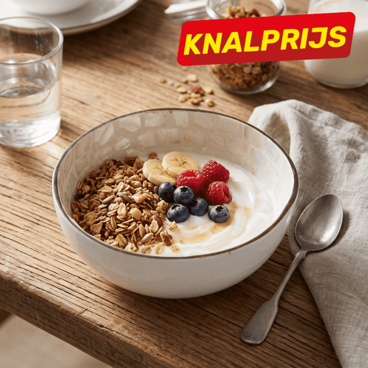 Tiled image of bowls of granola with yoghurt, banana and berries on a wooden table, 'KNALPRIJS' sale label