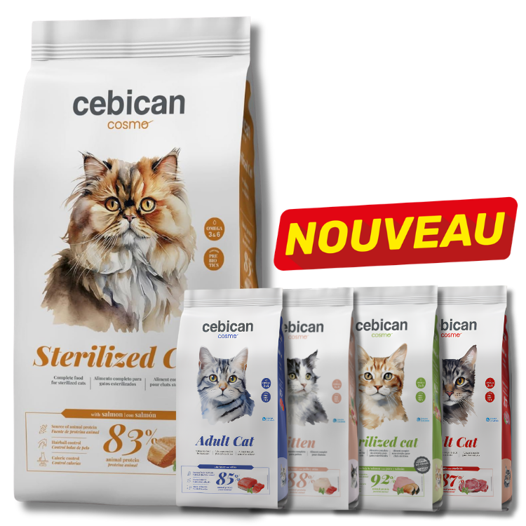 Cebican cosmo cat food range: large 'Sterilized Cat' bag and four smaller bags (Adult and Kitten varieties) with 'NOUVEAU' badge