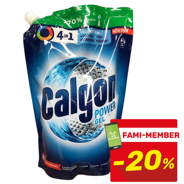 Calgon Power Gel limescale remover refill pouch 4-in-1 in blue pack with red Fami-Member -20% promotional badge
