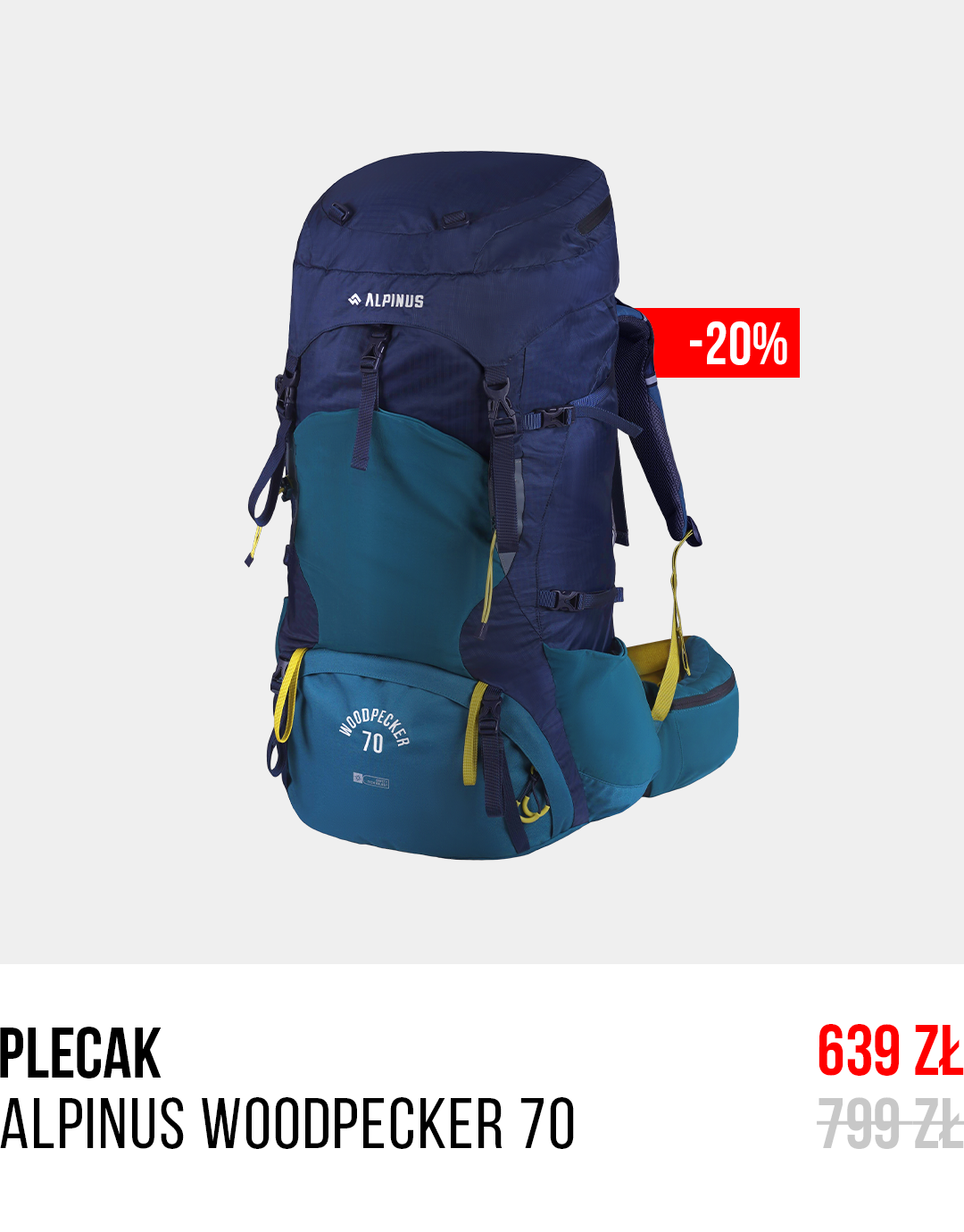 Alpinus Woodpecker 70 dark blue and teal hiking backpack on white background with red -20% discount badge and padded hip belt