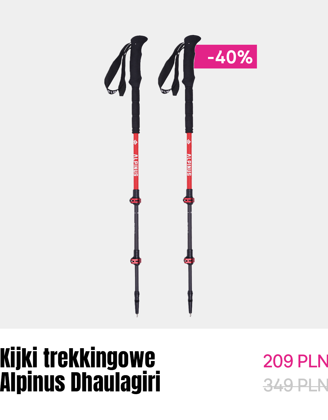 Pair of red and black Alpinus Dhaulagiri adjustable trekking poles with foam grips and wrist straps, shown with a -40% sale badge
