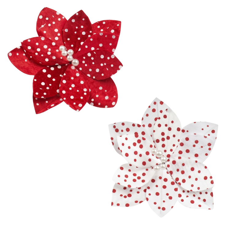 Two polka-dot fabric poinsettias, one red with white dots and one white with red dots, pearl bead centres on white
