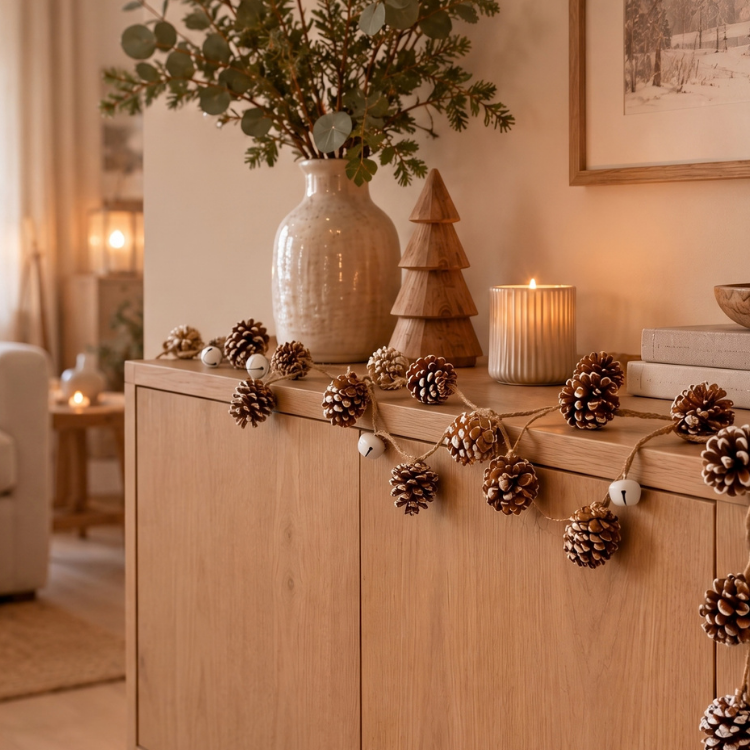 Cosy sideboard with pinecone and bell garland, lit candle, vase of greenery and wooden tree