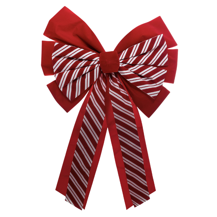Large red decorative bow with white diagonal stripes and long tails, festive Christmas decoration on white background