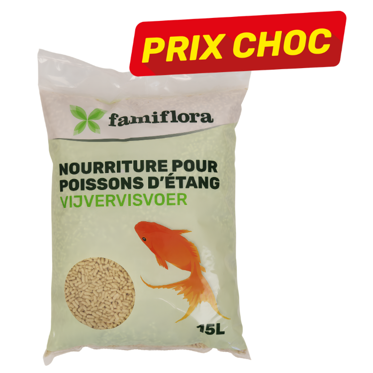 Bag of Famiflora 15L pond fish food with goldfish illustration and red "PRIX CHOC" price label
