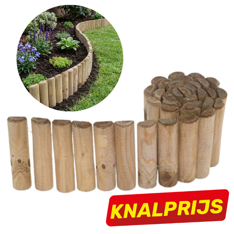 Rolled wooden garden edging posts for lawn border, shown rolled and installed as a curved timber border around a flowerbed