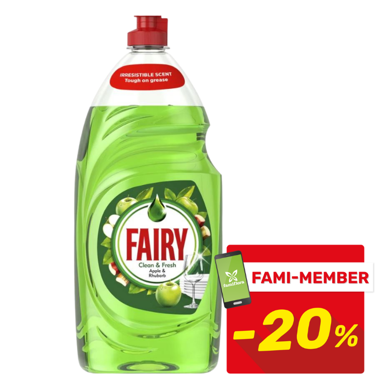 Green Fairy Apple & Rhubarb dishwashing liquid bottle with FAMI-MEMBER 20% discount badge