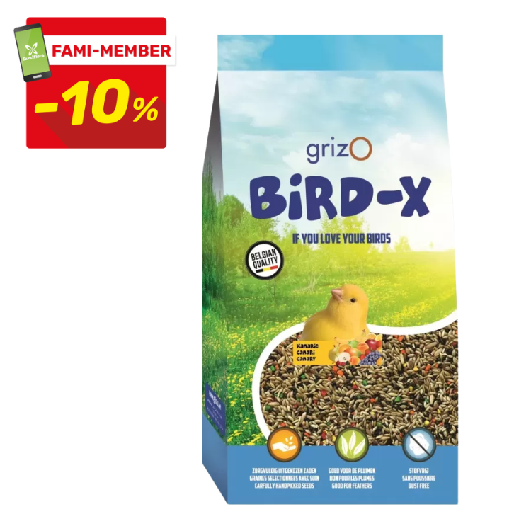 Grizo Bird-X canary seed mix bag showing a yellow canary and mixed seeds, Belgian quality, with Fami‑Member -10% discount badge